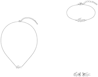Lacoste Crocodile Women's Silver Stainless Steel Jewelry Set: Necklace, Bracelet, Stud Earrings