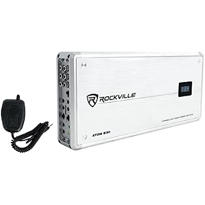 Rockville Atom S30 2400W 4-Channel Marine Amplifier 24 Ohm, Voltmeter, PA Mic, for Boats and Marine Audio Systems