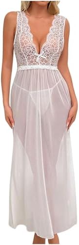 Women Sexy Long Nightgown Mesh See Through Split Lingerie Lace Babydoll Flowy Long Dress Chemise Deep Vneck Sleepwear