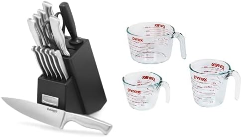 Cuisinart C77SS-15PK 15-Piece Stainless Steel Hollow Handle Block Set & Pyrex Glass Measuring Cup Set 3-Piece, Microwave and Oven Safe,Clear