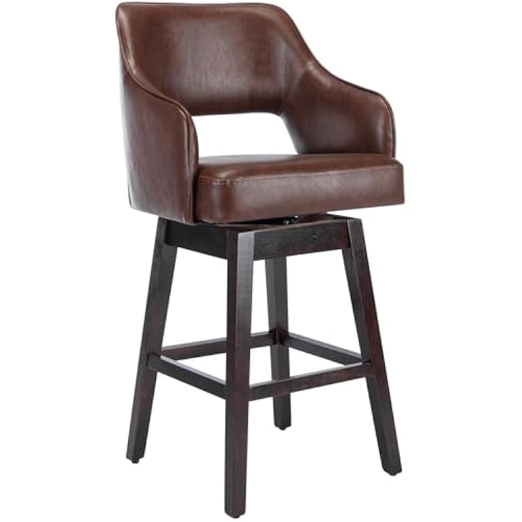 27 Counter Height Swivel Barstools, PU Leather Upholstered Bar Chair with High Back and Solid Wood Bar Stools for Kitchen Island, Leather Brown, 1 Pack