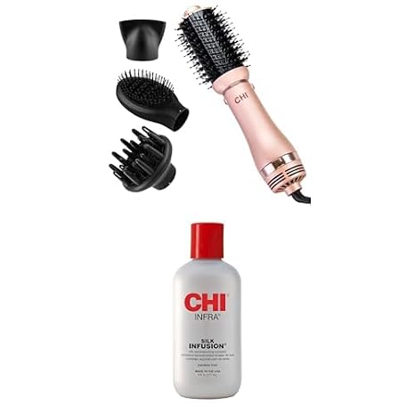 Bundle of CHI Volumizer 4-in-1 Blowout Brush, Hair Dryer for Smooth, Silky & Shiny Hair, Rose Gold & CHI Infra Silk Infusion, Leave-in Reconstructing Treatment to Strengthen & Protect, 6 Oz