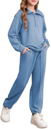 blibean Girls Fall Sweatsuits Half-Zip Collared Sweatshirt & Jogger Pants Set School Tracksuit Size 6-15 Years