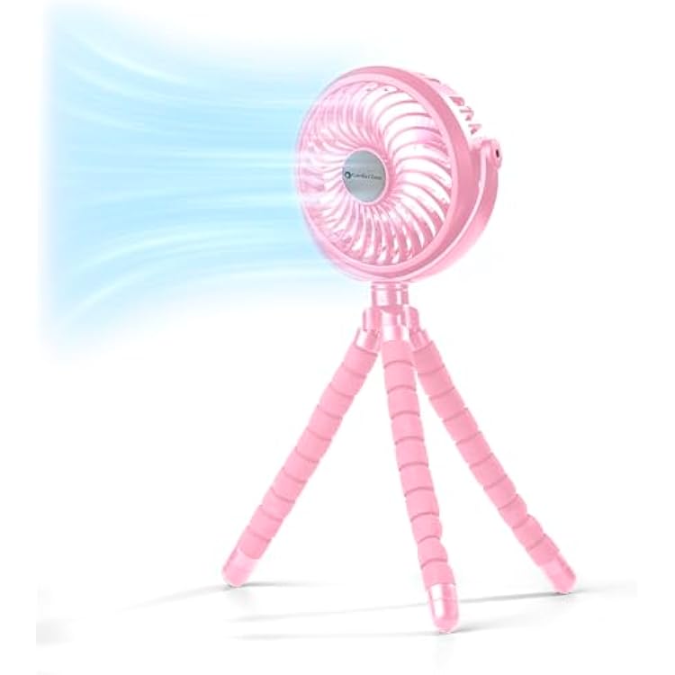 Comfort Zone Portable Stroller Fan Rechargeable Battery Operated Clip-On Fan with 360 Flexible Tripod & LED Light 3-Speed Cooling for Car Seats, Cribs, Treadmills & Travel Pink