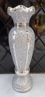 Silver Crushed Diamond Flower Vase, Mirrored Mosaic Crystal Bling Ornament, Handmade Ceramic Sparkle Vase for Living Room, Dining Table & Faux Flower Display – 30cm