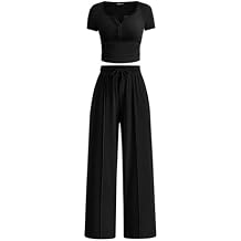 PRETTYGARDEN Womens 2 Piece Outfits Summer 2026 Ribbed Knit Button Short Sleeve Tops Casual Wide Leg Pants Lounge Sets