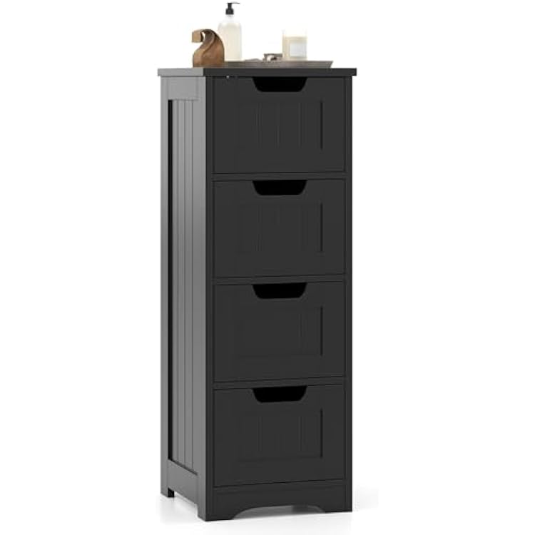 Tangkula Bathroom Floor Cabinet with 4 Drawers, 12 x 12 x 33 Inch, Freestanding Storage Cabinet for Bathroom Living Room, Wooden Cabinet Organizer Unit for Home Office Black