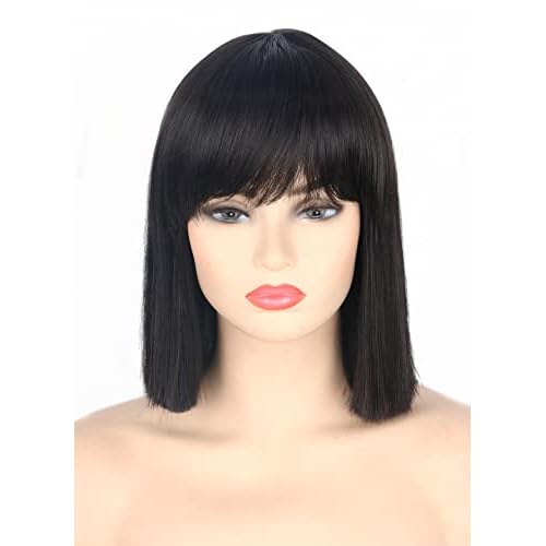Topcosplay Women Wigs Black Short Bob Wig with Bangs Straight Hair Halloween Costume Party Wigs
