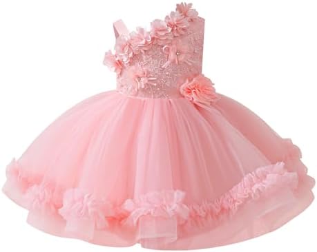 IMEKIS Toddler Baby Flower Girls Asymmetric Shoulder Formal Birthday Wedding Party Tiered Tulle Gowns 3M-6T