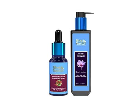 Blue Nectar Manjistha Vitamin C Face Serum for Anti Wrinkle & Skin Firming (1FlOz) with Kumkumadi Face Wash with with Saffron for Women & Men (3.38 Fl Oz)