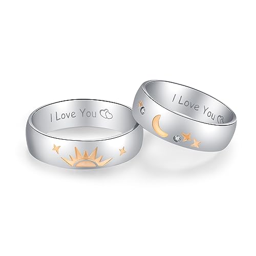 LAVUMO Promise Rings for Couples Sun and Moon I Love You Matching Wedding Bands for him and her Stainless Steel Comfort Fit with Gift Box