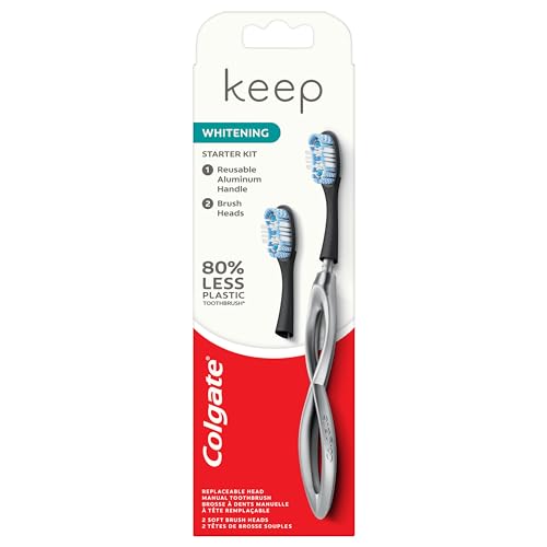 Colgate Keep Soft Manual Toothbrush for Adults with 2 Whitening Brush Heads, Silver