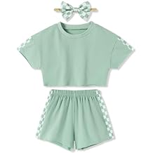 SANMIO Toddler Girl Clothes Summer 3 Piece Outfits Cute Short Sleeves Checkered Tops Shorts and Headband Girls Clothing Set