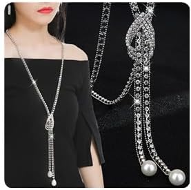 Silver Crystal Knot Necklace for Women Long Peals Necklace Sweater Chain Statement for Wedding Jewelry for Dressy Winter Evening Party