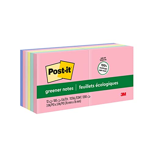 Post-it Greener Notes, 3x3 in, 12 Pads, Americas #1 Favorite Sticky Notes, Sweet Sprinkles, Pastel Colors Pink, Blue, Mint, Yellow, Clean Removal, 100% Recycled Material 654-RP-A