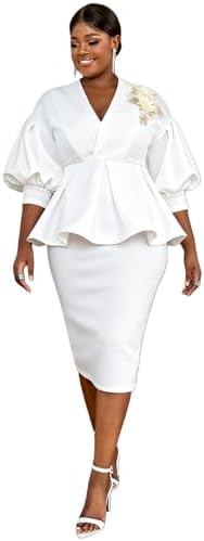 AOMEI Business Suit Sets for Women 2 Piece Outfits Floral Applique Peplum Tops Pencil Midi Skirt Set Formal Church Suits