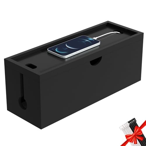 Bamboo Cable Management Box, Large Cord Organizer Box Cable Box to Hide Wires & Power Strips for Desktop Storage Cord Holder for Office Home,No Assembley Required All Black, Large