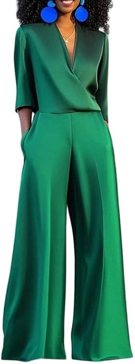 UOOZEE Women's Solid Color Loose Three-Quarter Sleeves V-Neck Jumpsuits