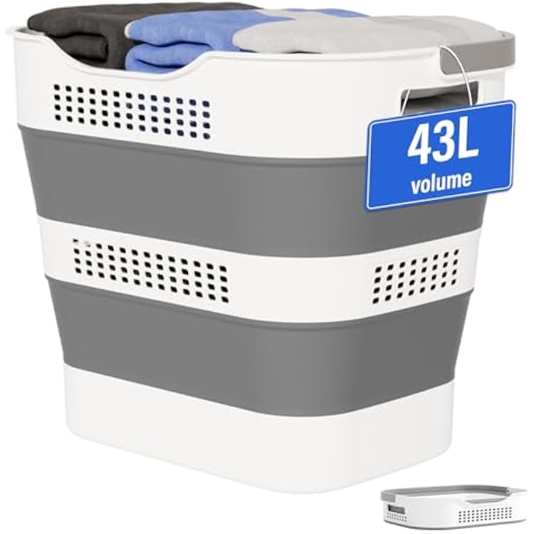 43L11.5Gallon Collapsible Laundry Basket with Handles, Foldable Laundry Basket Plastc,Pop Up Tall Storage ContainerOrganizerClothes Hamper for Laundry Grey,1 Pack