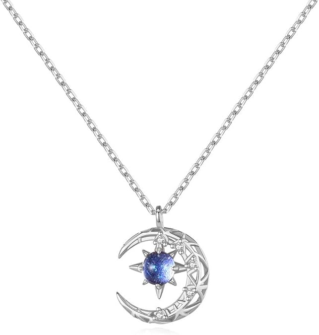 FUTIMELY Sparkling Zircon Crystal Necklace for Women,Blue Starry Sky Galaxy Sun Moon Pendant Necklace,Simple Fashionable Star Necklace