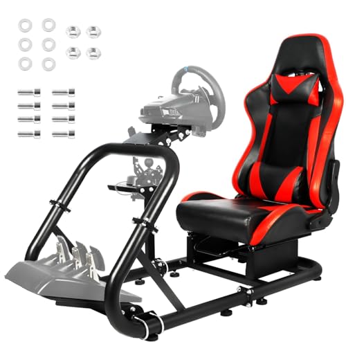 Marada Racing Simulator Cockpit Frame with Red Seat Fit for LogitechThrustmaster G25 G29 G920,Stable and Adjustable Racing Flight Steering Wheel Stand, Pedals and Shifter Not Include
