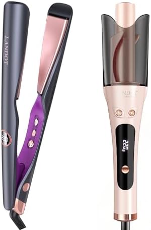 LANDOT Hair Styling Set: 2-in-1 Hair Straightener & Curling Iron with Twist Floating Plates + 1-inch Automatic Rotating Curling Iron, Anti-Frizz, Dual Voltage, 12 Temps 250-450F, 2-Way Anti-Tangle Se
