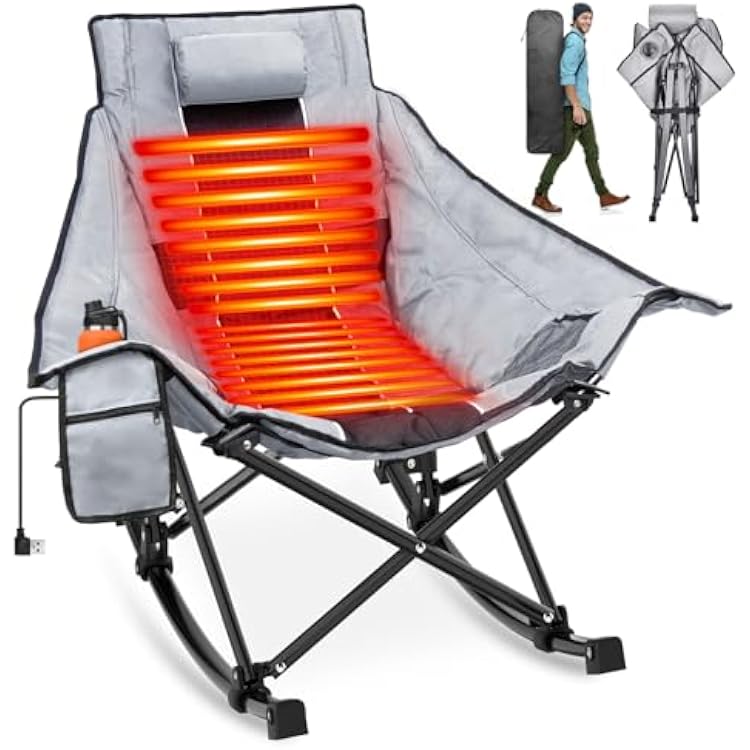 Suteck Heated Rocking Camping Chair, XL Oversized Rocking Chair Outdoor with 3 Heat Levels for Back and Seat, Heated Chairs Outdoor Sports for Patio Lawn Picnic Travel, BatteryNot Included