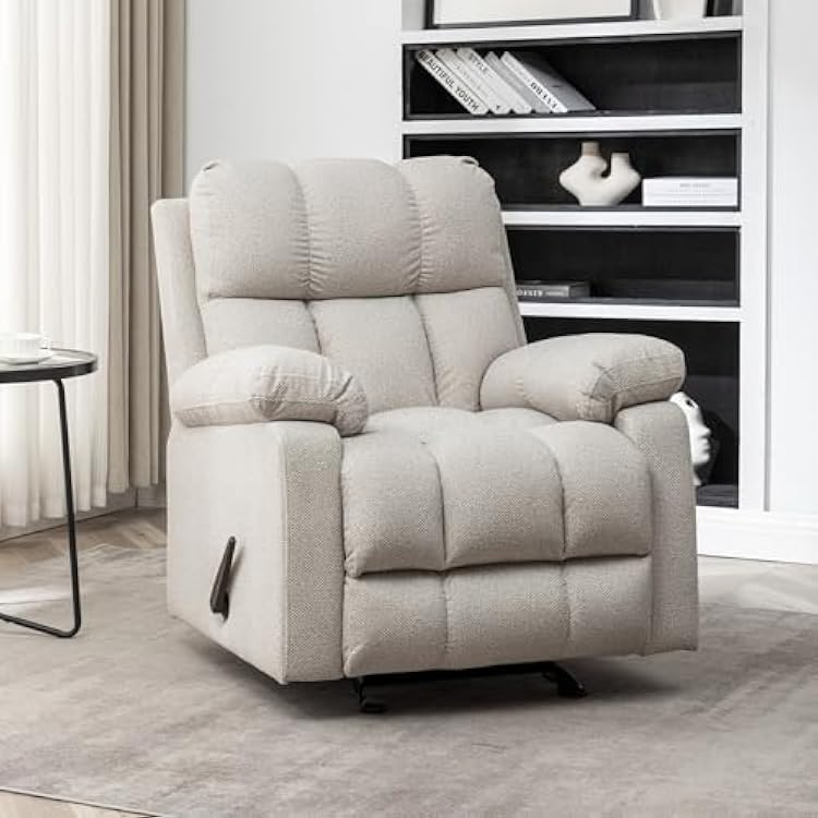 Modern Rocker Recliner Chair for Adults, Overstuffed Rocking Chairs for Nursery, Manual Lazy Boy Reclining Armchair, Upholstered Fabric Rocker Sofa for Living Room, Bedroom Sliver