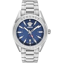 Versace V-Code GMT Collection Luxury Mens Watch Timepieces with a Silver Bracelet Featuring a Stainless Steel Case and a Blue Dial