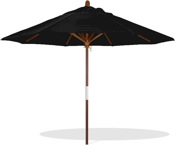 7ft Wood Garden Umbrella, Pulley Lift, UV-Resistant, 9ft Round Outdoor Table Parasol with 8 Sturdy Ribs for Patio, Deck, Pool, Market(Black,7ft/210cm)