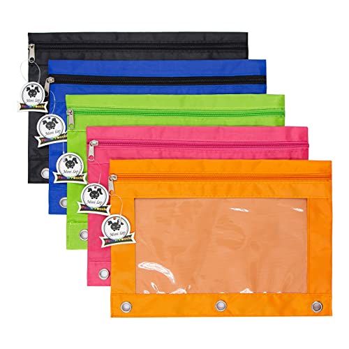 3 Ring Binder Pencil Pouches, Pencil Pouch for 3 Ring Binder, Zippered Clear Window Pencil Case for Binder with Rivet Enforced Hole 3 Ring, 5 Packs