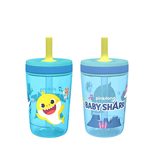 Zak Designs 15oz Baby Shark Kelso Tumbler Set, Leak-Proof Screw-On Lid with Straw Made of Durable Plastic and Silicone, Perfect Bundle for Kids 2pcs Set