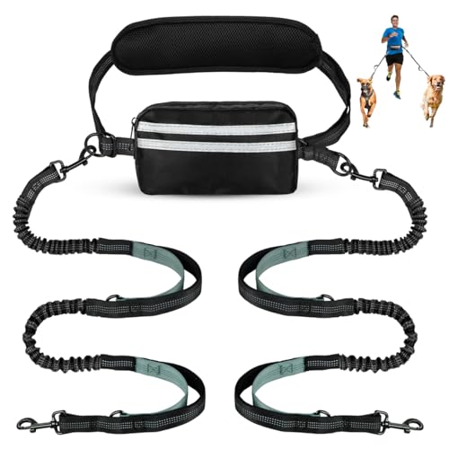 Hands Free Dog Leash, Double Dog Leash with Waist Bag, Double Padded Handles, Dog Walking Running Accessory, Large, 26-120 lbs