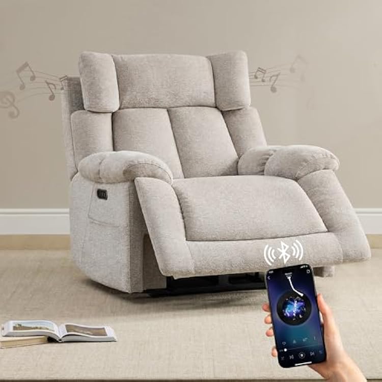 CHITA Oversized Power Recliner Chair with Bluetooth Speakers for Adults, Large Lay Flat Recliner with Power Lumbar Support & Manual Headrest, USB & Type-C Charging Ports, Taupe
