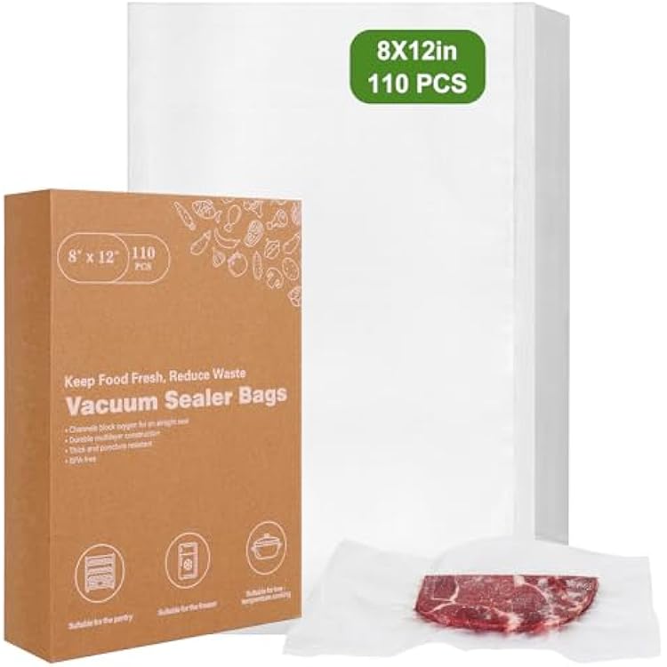 [2025 Upgraded] Moretoes 110pcs Vacuum Sealer Bags, Food Saver Bags Quart 8 x 12, BPA Free, Pre-cut Commercial Grade Vac Bags for Food Storage, Meal Prep or Sous Vide