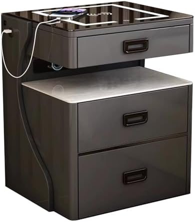 Smart Nightstand, Bedside Table with 3 Color LED Lights, Bed End Table with USB Ports, Charging Station and Speaker, 3 Drawers Night Stand for Bedroom Color : Dark Gray 2PS