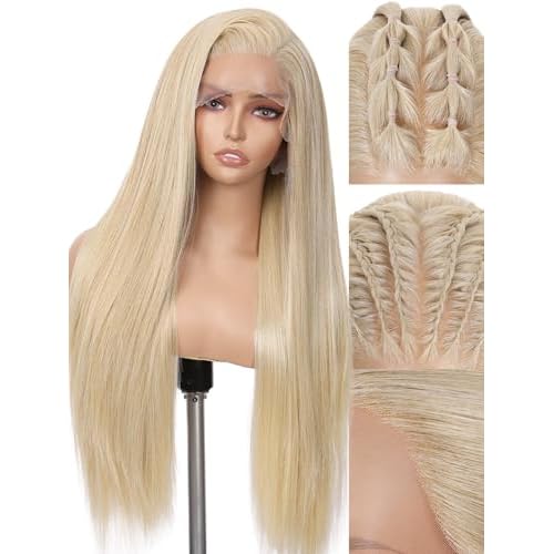 WIGNEE 13x6 Synthetic Lace Front Wig 28 Blonde Wig Pre-Plucked Handmade Lace Front Wigs with Kanekalon Futura Hair Voluminous Long Straight Synthetic Wigs for Daily Party Use