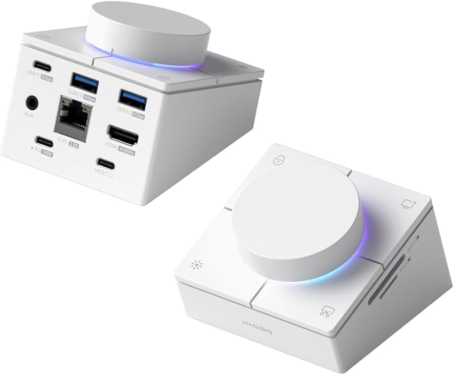 Hagibis Knob USB C Hub with Shortcut Buttons, RGB Type-C Docking Station with 4K@60Hz HDMI, 100W PD, 5Gbps USB-C, 2 USB3.0, 2.5G RJ45, AUX, SD3.0, Micro SD3.0 for MacBook iPad Pro Laptop (White 2.5G)