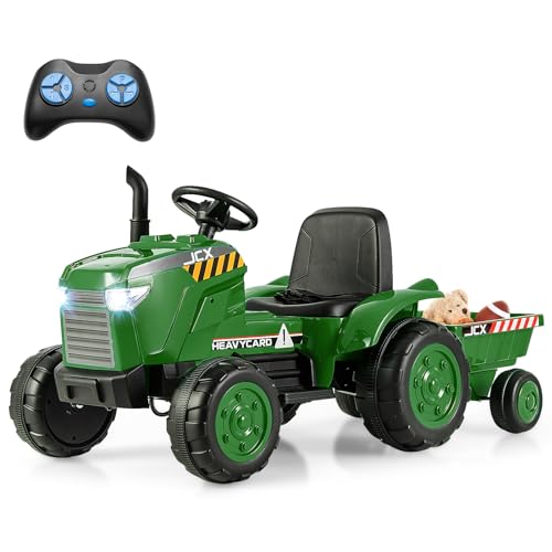 HONEY JOY Kids Ride On Tractor, 12V Battery Powered Electric Tractors with Trailer, LED Lights, Music, 3-Gear-Shift Ground Loader, Toddler Ride On Car with Remote Control Dark Green