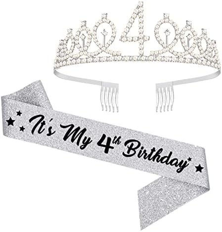 4th Birthday Sash and Tiara, 4 & Fabulous Glitter Sash and Birthday Crown Set, Happy 4th Birthday Gifts for Party Supplies and Decorations, Silver