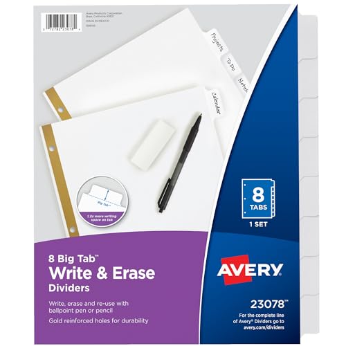 Avery 8-Tab Binder Dividers, Write & Erase White Big Tabs, 1 Set 23078