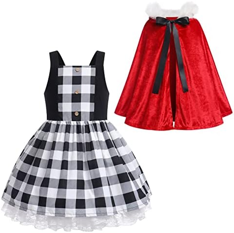 Christmas Dress for Kids Girls Women Plaid Party Dress&Velvet Cape Mommy and Me Matching Xmas Fancy Dress up
