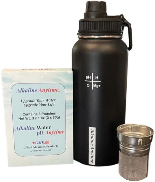 32oz. Alkaline Water Bottle Stainless Steel (950ml) | Premium 9.5+ pH | Wide Mouth Insulated Water Bottle | Carry Handle Lid | Alkaline Ionized Water | Infuser (30g Infuser and 3 Filters, Black)