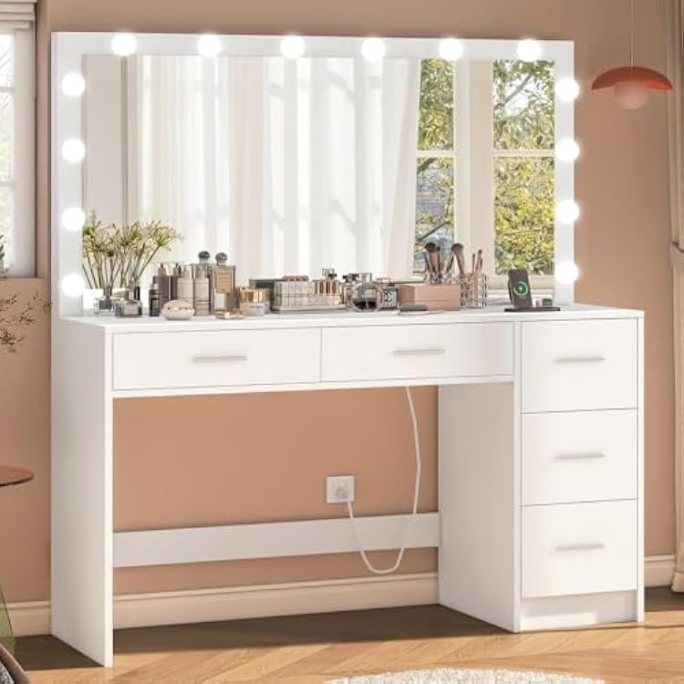 FIONESO 47.2 Large Vanity Desk with Mirror & 14 LED Lights, Makeup Vanity Table with 5 Drawers & Charging Station, Makeup Vanity Desk, 3 Lighting Colors, Dressing Vanity Table for Bedroom, White
