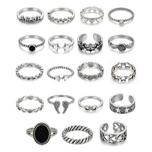 Rrdaily Vintage Knuckle Rings for Women Chunky Black Silver Ring Set Adjustable Finger Stackable Rings Goth Punk Grunge Snake Ring Boho Y2k Accessories Jewelry