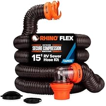 Camco RhinoFLEX 15' RV Sewer Hose Kit Includes 4-in-1 Adapter, Clear Elbow, Caps Connects to 3 Slip & 3, 3 1/2, 4 NPT Threaded Sewer Connections (39770)