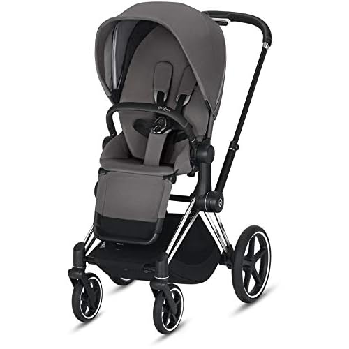 Cybex Priam 3 Complete Stroller, One-Hand Compact Fold, Reversible Seat, Smooth Ride All-Wheel Suspension, Extra Storage, Adjustable Leg Rest, Manhattan Grey with Chrome Black Frame
