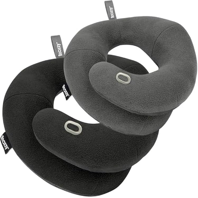 BCOZZY Travel Neck Pillow 2-Pack XL Black & Large Gray Patented Head, Neck & Chin Support for Airplane & Travel Comfort