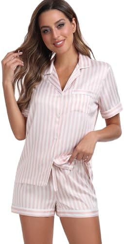 Women's Satin Pajama Set 2-Piece Sleepwear Loungewear Button Down Short Sleeve Silky PJ Set