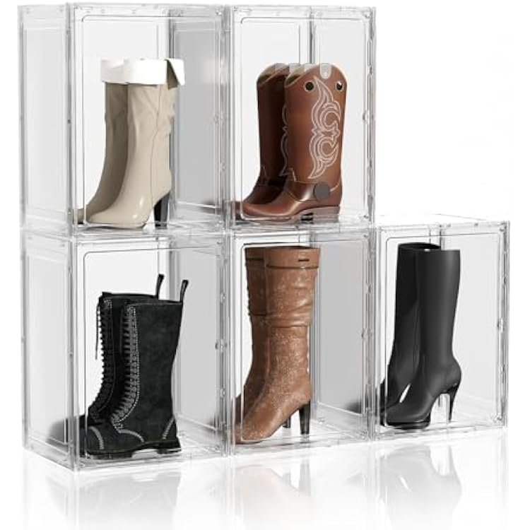 Boot Storage Organizer Tall Boot Storage Box 5 Pack Super Large Plastic Boots Container for Storage, Stackable Display Case for Collectibles, Backpack, Helmet, Shoe Organizer Box, White, XL